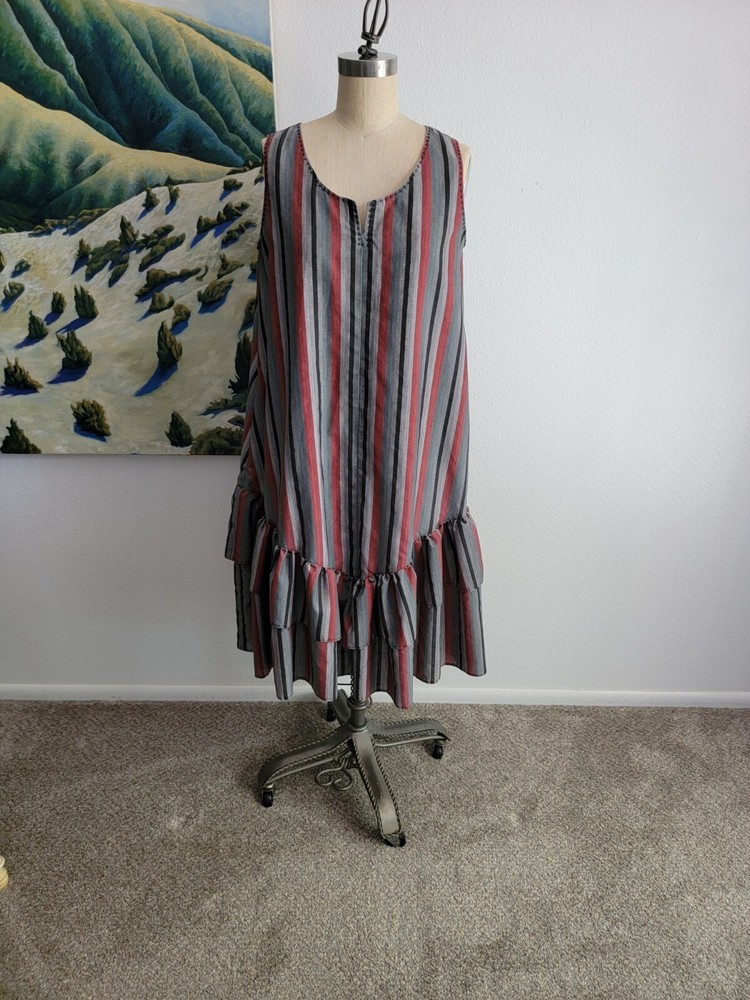 VINTAGE Midi Dress Medium 1980S 1990S HOMEMADE Striped Ruffle Manes Fabric Co