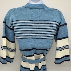 VTG Afashion Import Blue/Cream Knit Cardigan Sweater w/Tie Belt Stripe Pattern-M