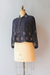 Antique 1920s Art Deco Heavily Beaded Blouse Navy Blue 20s Women’s Top M L