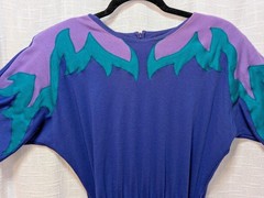 Vintage 1980’s Peter Popovitch Dress XS–S Plum Teal Appliqué Belted Power Look.