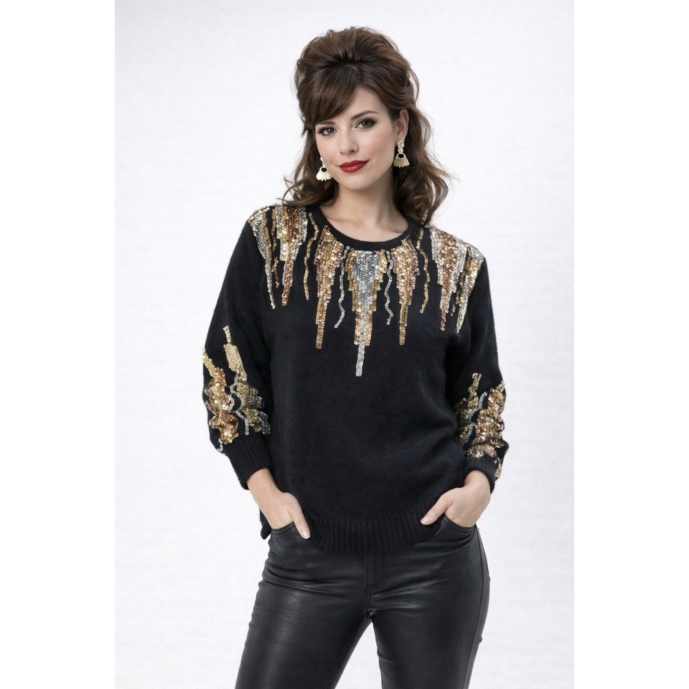 Vtg 80s 90s Silk Sweater Womens L Black Sequin Glam Bling Avant Garde Artsy