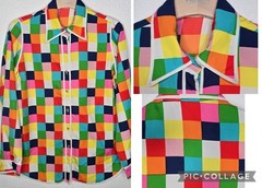 Vtg 70s Mod Pop Art Rainbow Checkered White Trim Pointed Collar Blouse Sz L
