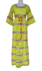 Vintage 1970s Mexican Wedding Dress Yellow Crochet Embroidered Insets Boho Maxi