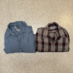 Two (2) Vintage Eddie Bauer Women’s Long Sleeve Plaid Shirts Size Lg Blue Purple