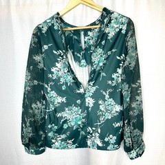 Vintage Floral Union Made Long Sleeve Blouse, Size 16 1/2. Sheer sleeves Cottage