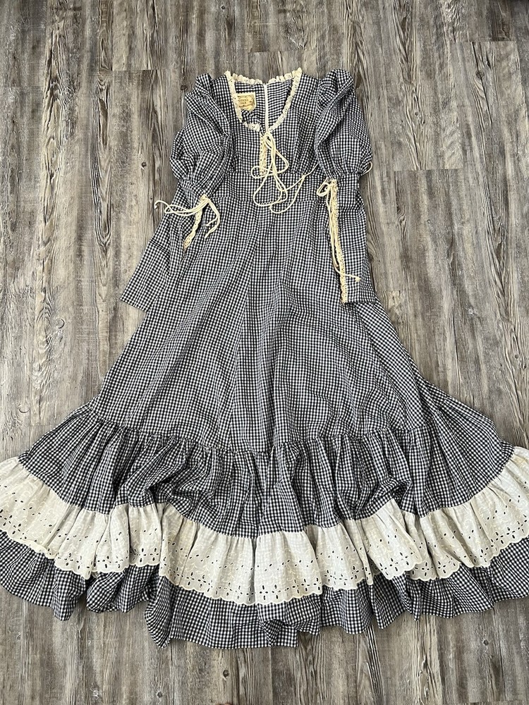 VTG 70s Gunne Sax Gingham Maxi Prairie Dress Juliet Sleeves Cottagecore