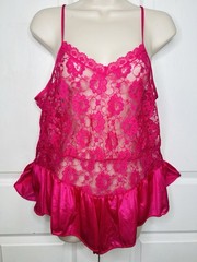 Vtg Teddy Camisole Pink Semi Sheer Lacey Sz 34 36 Step In Flutter Romper Nightie