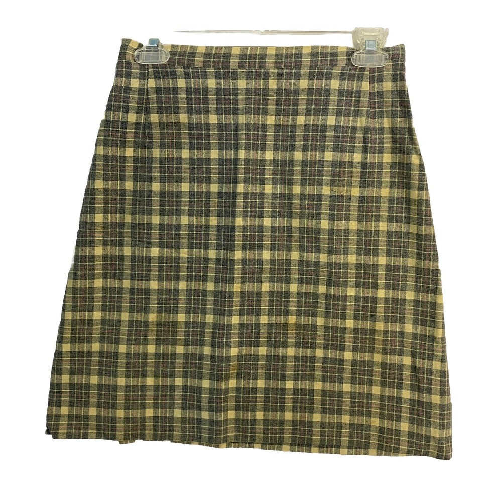 VTG 60s Plaid Pencil Skirt Neutral Knit Waist 26 in Handmade Unlined Academia