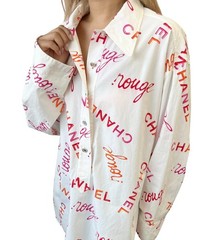 CHANEL Vintage 96P Logo Button Up Shirt Rouge Long Sleeve White Pink Cotton