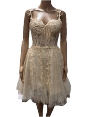 Women’s Dress Wedding Rhinestone Lace Back Party Formal Evening Gown Beige