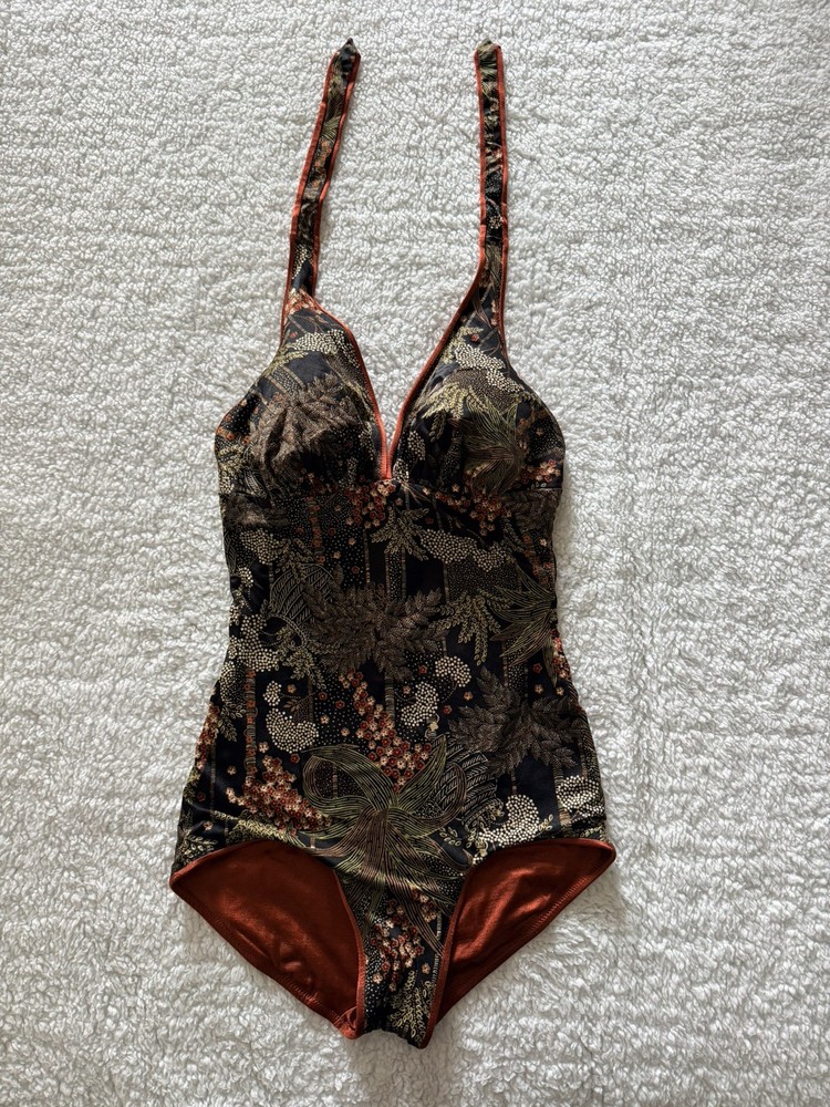Vintage Reversible Swimsuit 1950s/60s Women’s Copper Black Palm Trees Halter