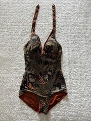 Vintage Reversible Swimsuit 1950s/60s Women’s Copper Black Palm Trees Halter