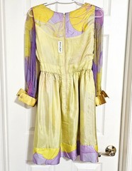 Vintage 60s Burke-Amey Floral Print Silk Chiffon Dress SM Yellow Purple COUTURE