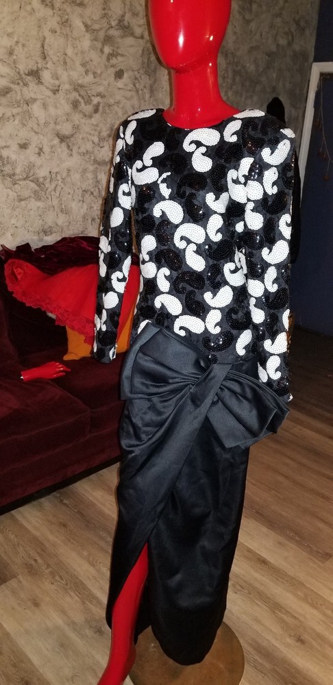 Vintage Sequin Black and White Big Bow Drop Waist Maxi Dress Sz 12 Martinique