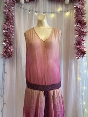 Vintage Antique 20s Flapper Dress Silk Chiffon Pink Ombre Beaded As Is XS