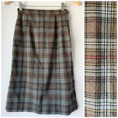 PRICE FIRM Vintage 60s Wool Brown Plaid Pencil Skirt I Size XS