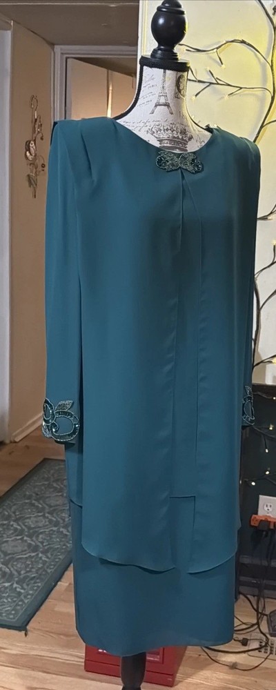 VINTAGE 1980s PATRA DRESS GREEN BEADS SEQUINS OVERLAY POLYESTER SIZE 12