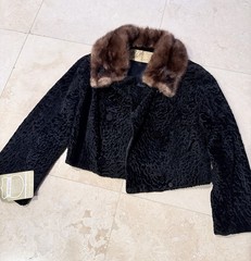Vtg 1950s Edetts Persian Lamb Fur Coat Jacket Black Curly Mink Collar Double