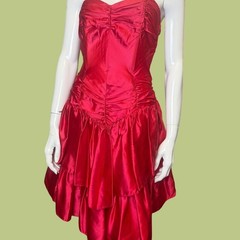 Vintage 1980s Roberta Red Satin Strapless Ruffled Party Dress