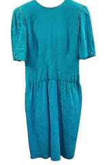 Vintage 80s AJ Bari Silk Teal Low Back Dress Sequence Rhinestone Puff Sleeve 8