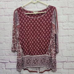 Lucky Brand Boho Tile Mix Print Blouse L 3/4 Sleeve Viscose Hippie Retro Peasant