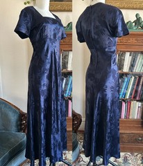 Vintage 1990s Deep Blue Satin Floral Maxi Dress Square Neck Bias Cut S 5/6 Y2K