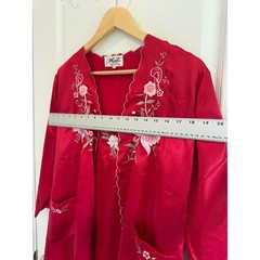 Vintage 100% Silk Peignoir Set Robe Nightgown Embroidered Red Floral Large