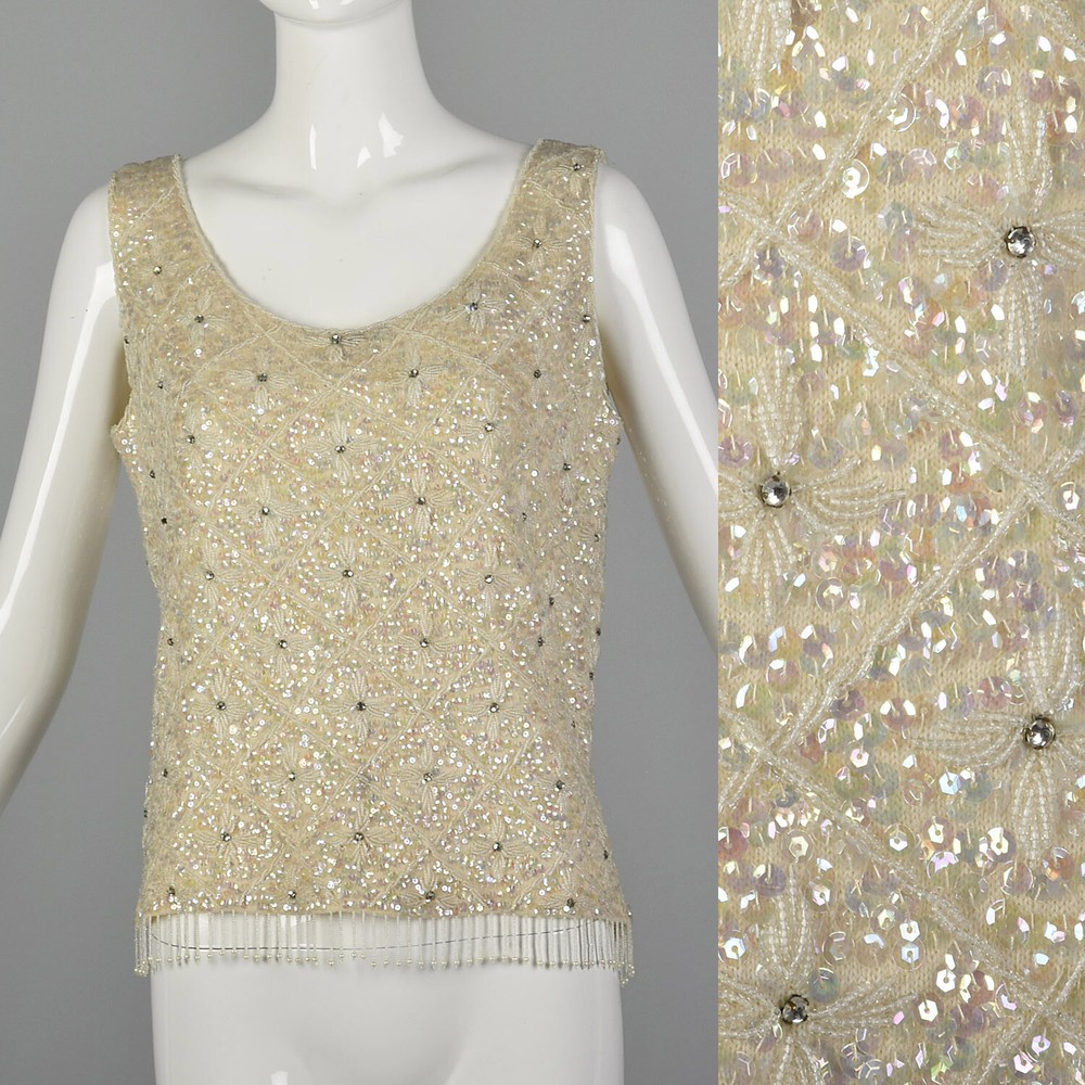Medium 1960s Iridescent Sequin Blouse Vintage Sleeveless VTG 60s Wedding Top
