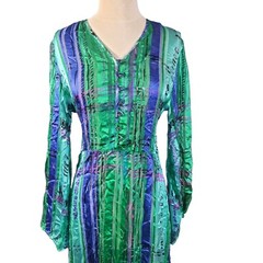 Vintage Anne Crimmins UMI 100% Silk Midi Dress Green Blue Bell Sleeve Size 8