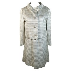 1960s Silver Metallic Stripe Rhinestone Button Dress Jacket Set Deadstock Sz M
