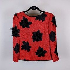 Vintage Anne Crimmins 100% Silk 3D Floral Blouse Red Black Button Back Womens 10