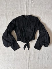 1870s Antique Blouse Jacket Black Silk Mourning Puff Sleeve Corset Top Womens XS