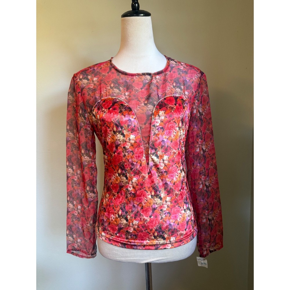 Vintage Yes Clothing Red Floral Mesh Velvet y2k whimsi boho dainty Top M NWT