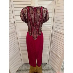 Alyce Designs Silk Beaded Gown Women Magenta Sequin V-Neck Vintage Dress 10