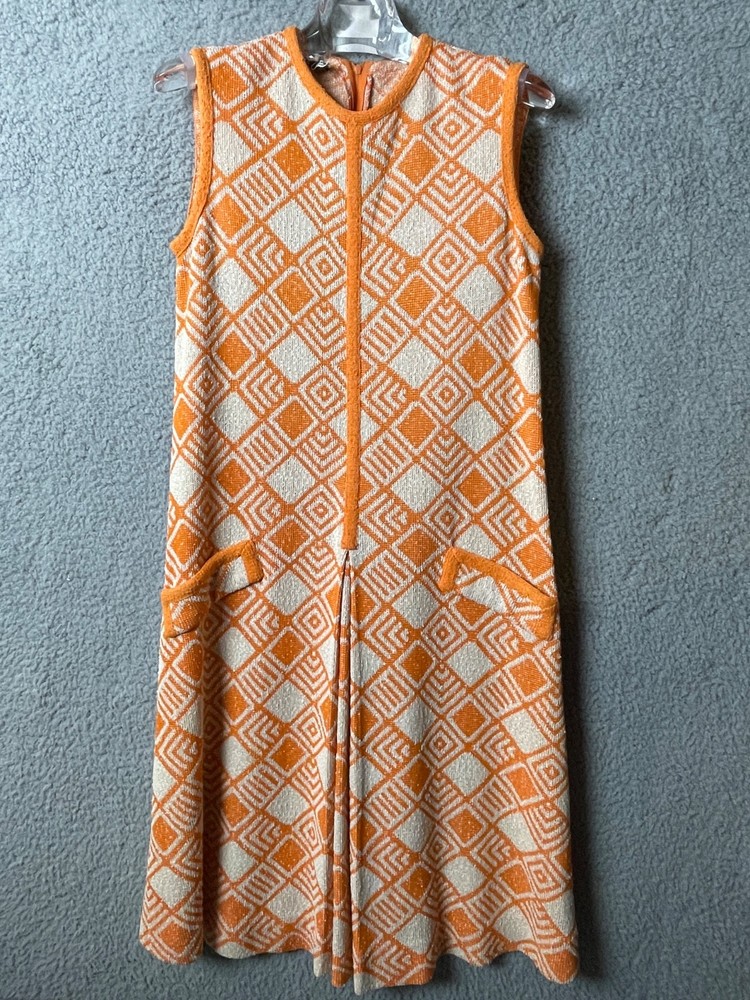 Vintage Mod GoGo Dress Marberni by Lawrence 12 Orange White Geometr Mini 60s VTG