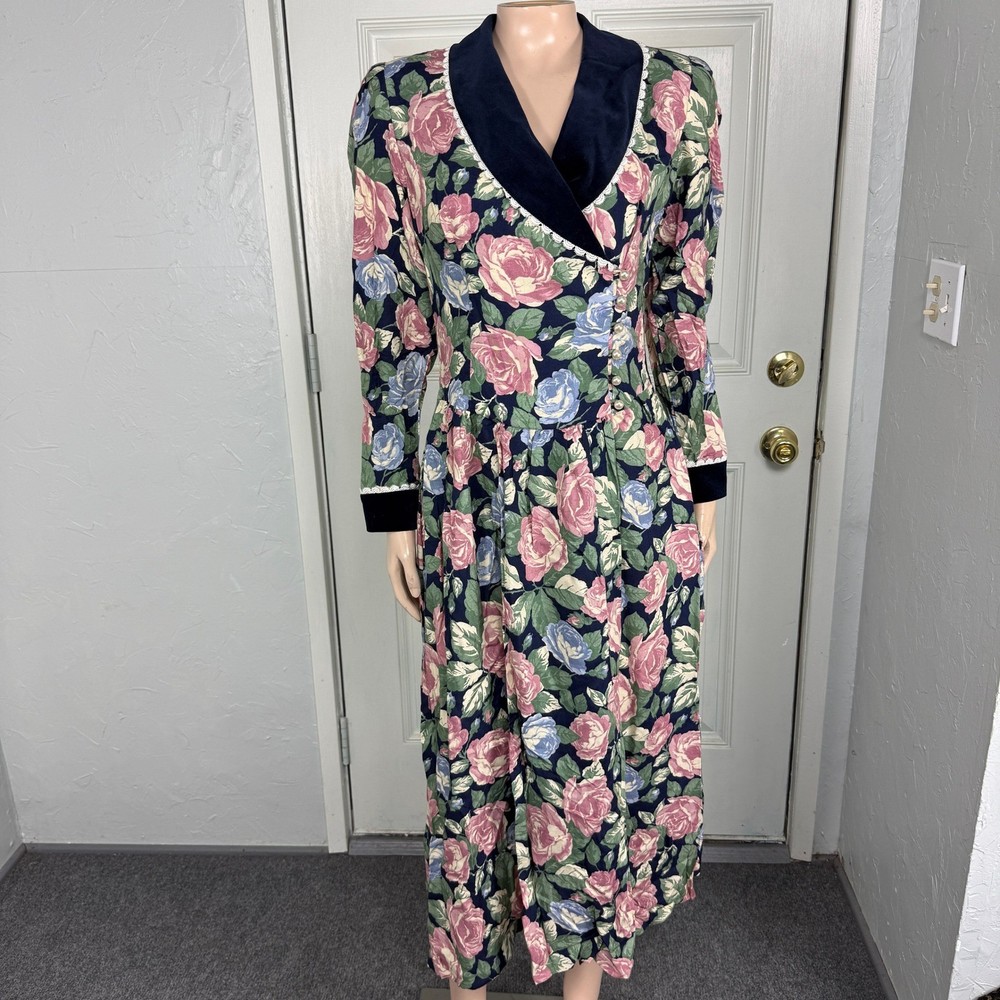 Vintage 80s 90s Lanz Dress 6 Floral Rayon Velvet Long Sleeve Button Party A3-22