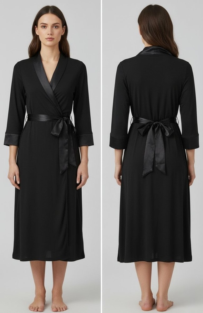 GEORGE Stretch Black Wrap Robe / Loungewear Dress S (4/6) Knit Satin Trim