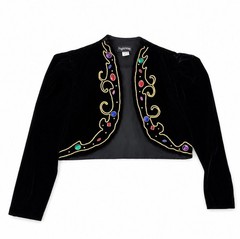 Vintage 1990’s Avant Garde Black Velvet Bolero Jacket With Jewel Gold Accents S