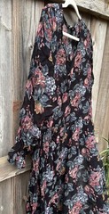 Vintage Nostalgia Dress Black Floral L Long Sleeve Button Ruffled Semi-Sheer