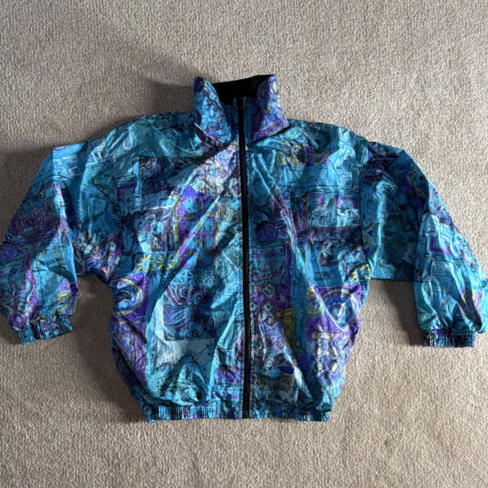 VINTAGE Slade Blue Purple Black Nylon Jacket Abstract Print S Polyester Cotton