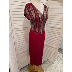 Alyce Designs Silk Beaded Gown Women Magenta Sequin V-Neck Vintage Dress 10