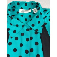 Vintage 90s Josephine Secretary Blouse Large 16 Turquoise Black Polka Dot Bow