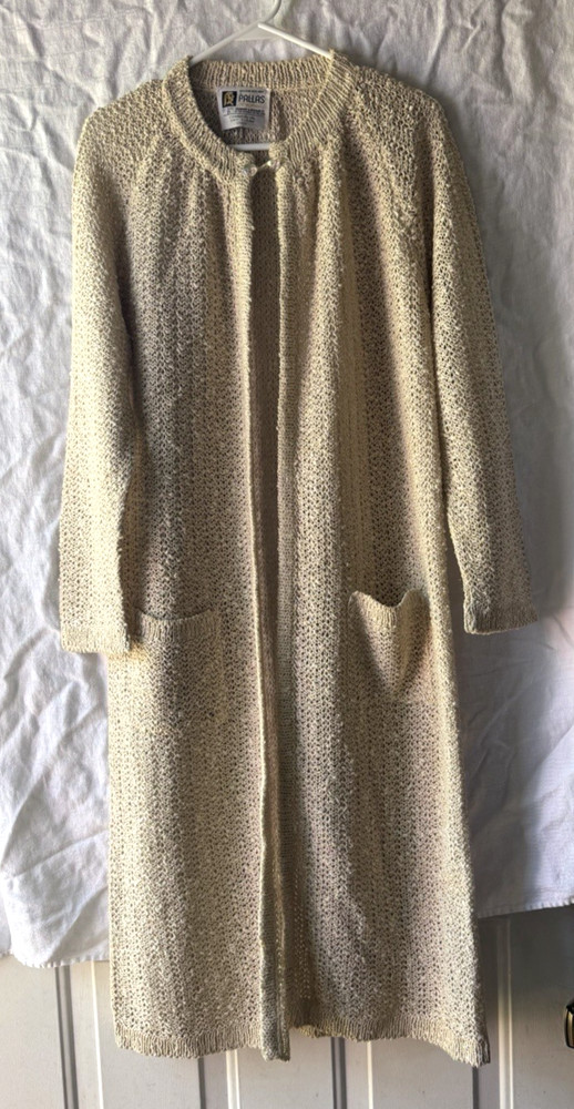 Vintage Pallas Hand Loomed Irish Linen Duster Cardigan Open Knit Cream