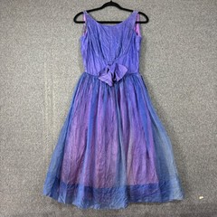 Vintage 50s Iridescent Purple Blue Organza Fit Flare Dress Bow Back Mid Century