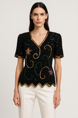 Vtg 80s LAURENCE KAZAR Top L XL India SILK Bead SEQUIN Star TROPHY MOB WIFE DECO