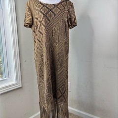 BN1 Vintage Helene Blake Crochet Dress Size 14 Midi Lined Fringe Boho Tan