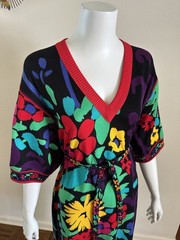 1980s Leonard Studio Italy Cotton Knit Floral Dress Hidden Logo Belted Pop Art