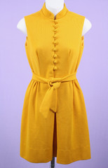 VTG Women’s 60s Mustard Yellow Sleeveless Mini Dress W/ Waist Tie XXS/XS 1960s