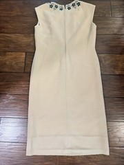 1960s Lily Lee Cream Sheath Dress Rhinestones Green Beaded Shift Size 8
