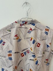 1940s 50s Sailboat Novelty Print Sailcloth Cotton Sportswear Blouse Fitted M/L